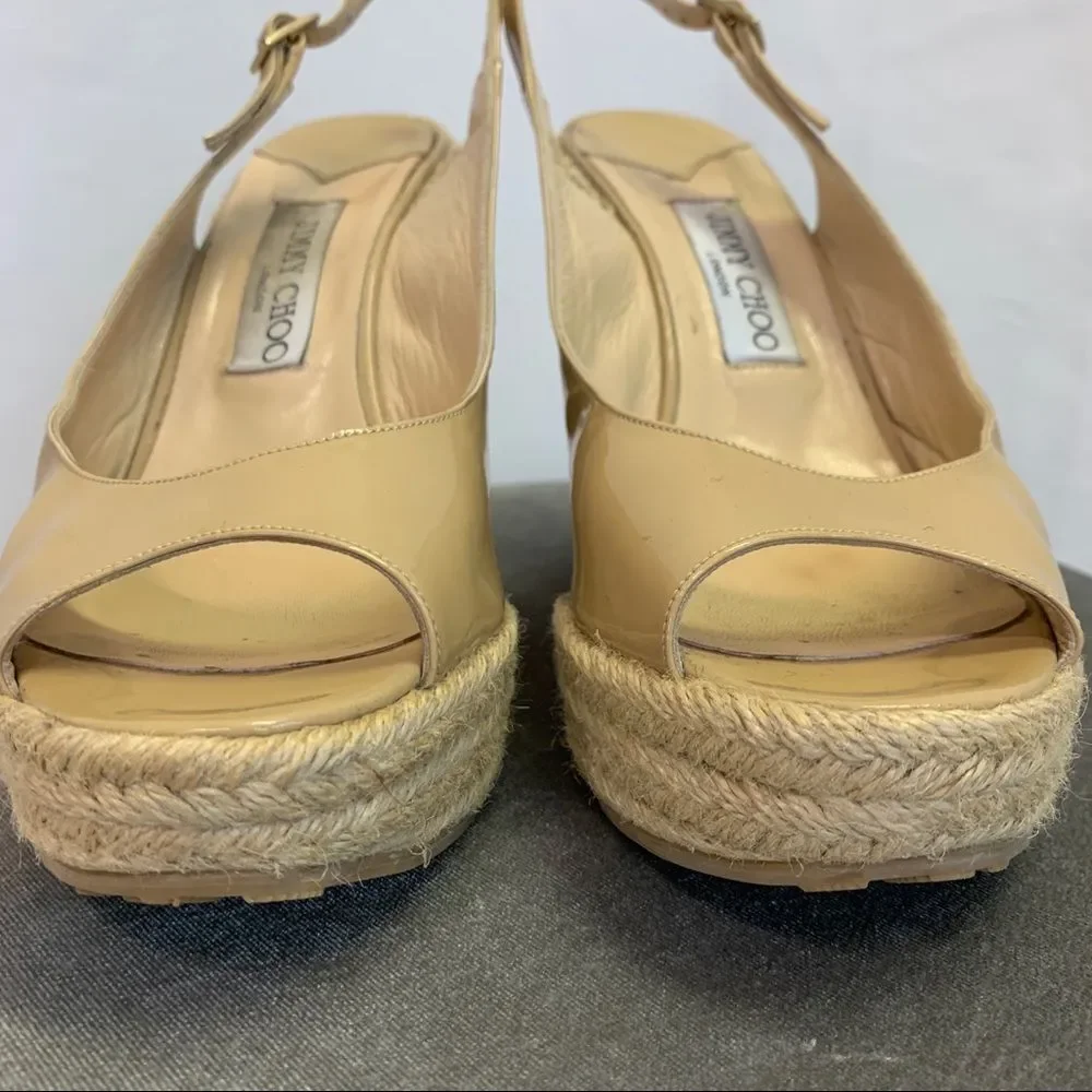 JIMMY CHOO caramel Prova patent leather cork wedge sandals size 38.5